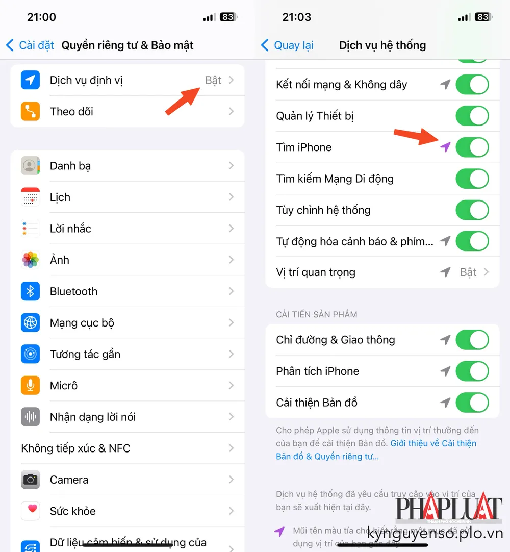 Bật dịch vụ định vị và dịch vụ hệ thống trên iPhone. Ảnh: MINH HOÀNG
