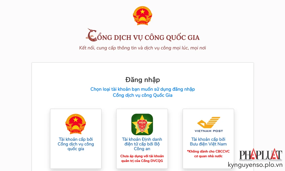Chọn loại tài khoản bạn muốn sử dụng để đăng nhập cổng dịch vụ công quốc gia. Ảnh: MINH HOÀNG