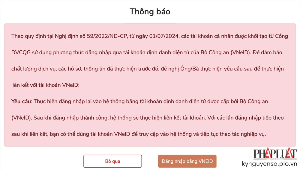 Đăng nhập cổng dịch vụ công quốc gia bằng VNeID. Ảnh: MINH HOÀNG