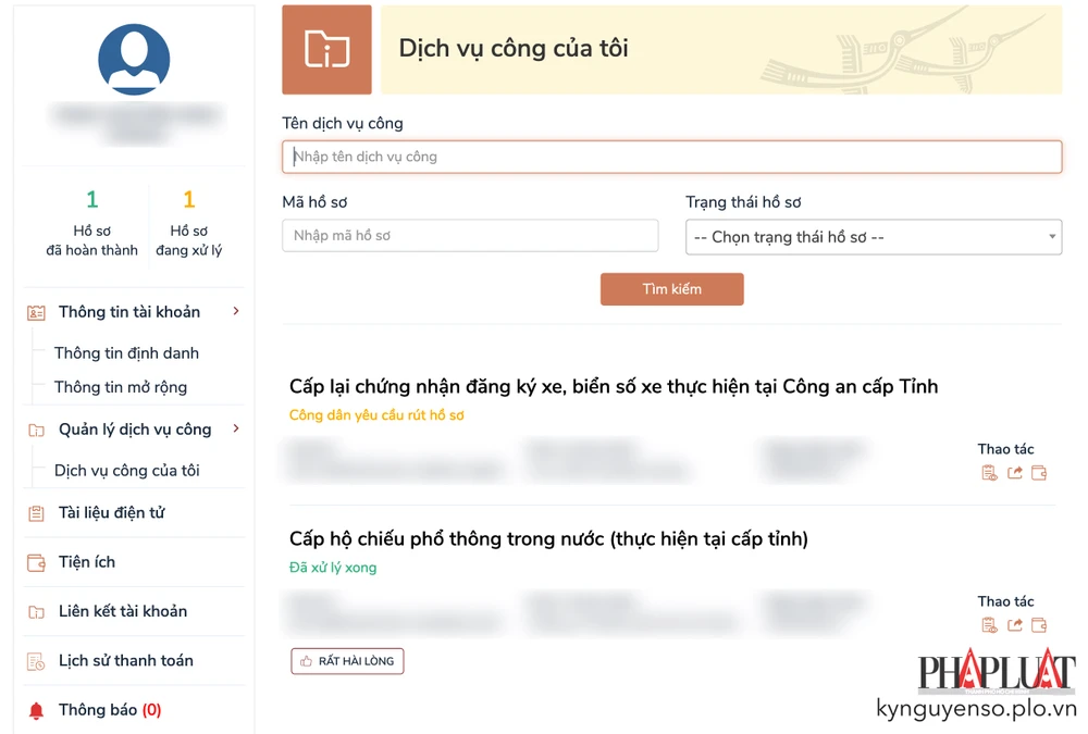 Quản lý các hồ sơ đã gửi trên cổng dịch vụ công quốc gia. Ảnh: MINH HOÀNG