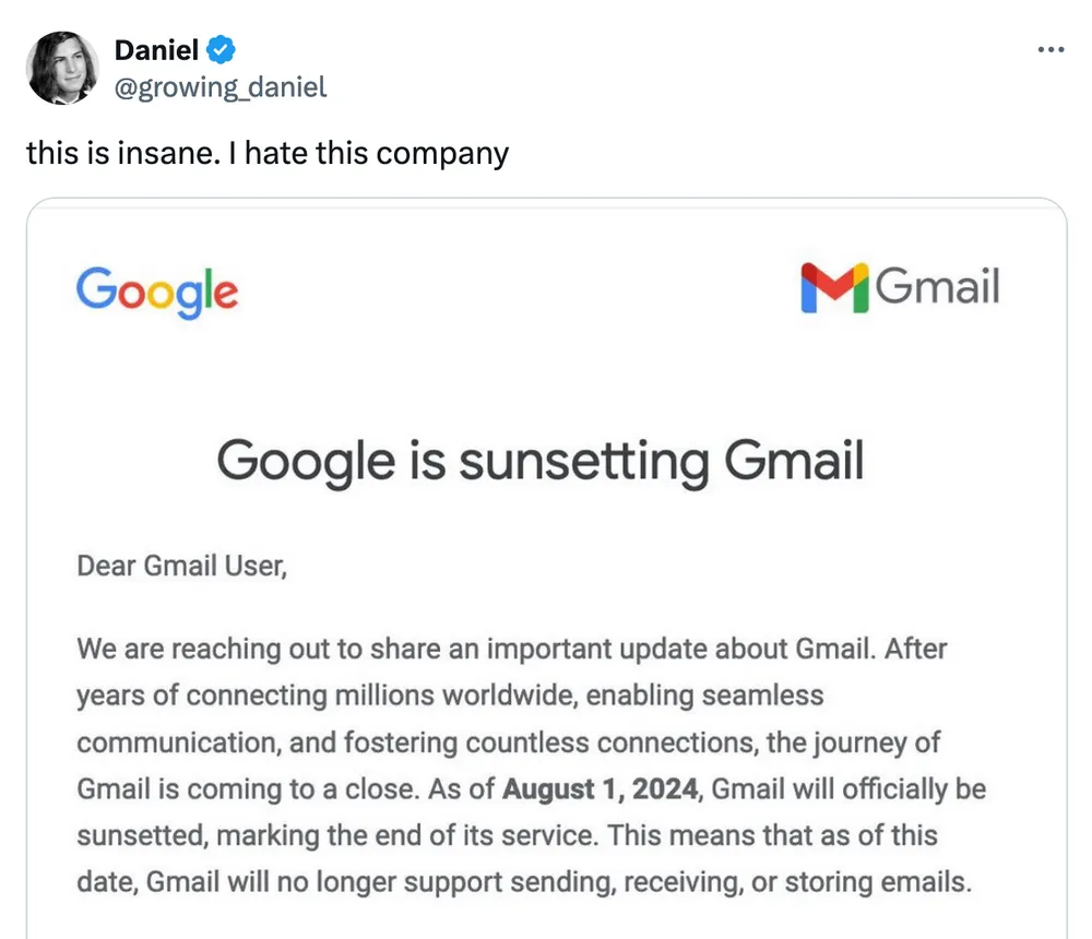 Thông báo giả mạo lan truyền trên X về việc Google đóng cửa dịch vụ Gmail. Ảnh chụp màn hình Thông báo giả mạo lan truyền trên X về việc Google đóng cửa dịch vụ Gmail. Ảnh chụp màn hình