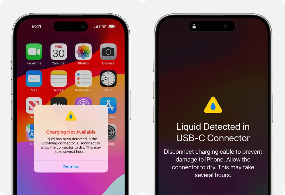 Không sạc iPhone khi thấy xuất hiện cảnh báo cổng sạc có nước. Ảnh: Apple Không sạc iPhone khi thấy xuất hiện cảnh báo cổng sạc có nước. Ảnh: Apple
