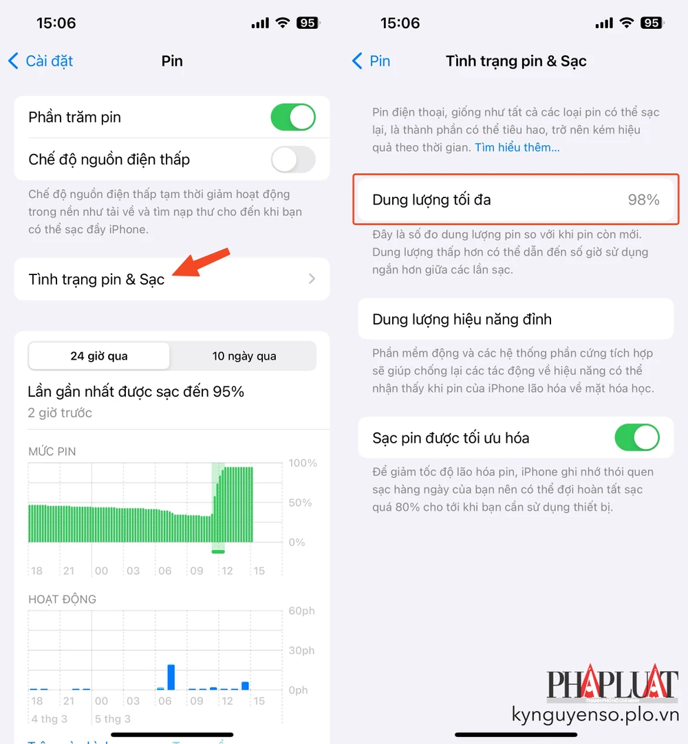 Kiểm tra tình trạng pin trên iPhone cũ. Ảnh: MINH HOÀNG