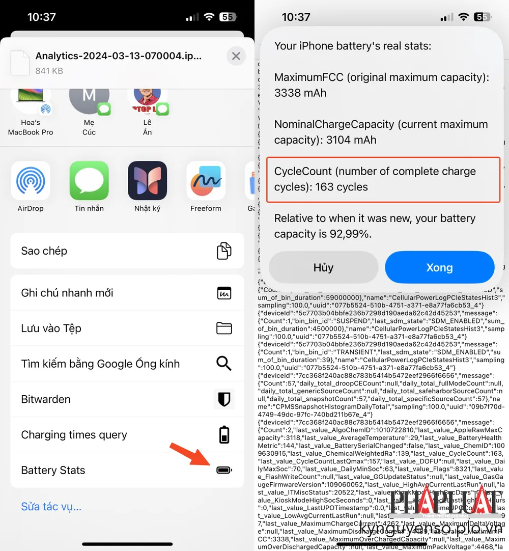 Kiểm tra chu kỳ sạc của iPhone bằng phím tắt Battery Stats. Ảnh: MINH HOÀNG Kiểm tra chu kỳ sạc của iPhone bằng phím tắt Battery Stats. Ảnh: MINH HOÀNG