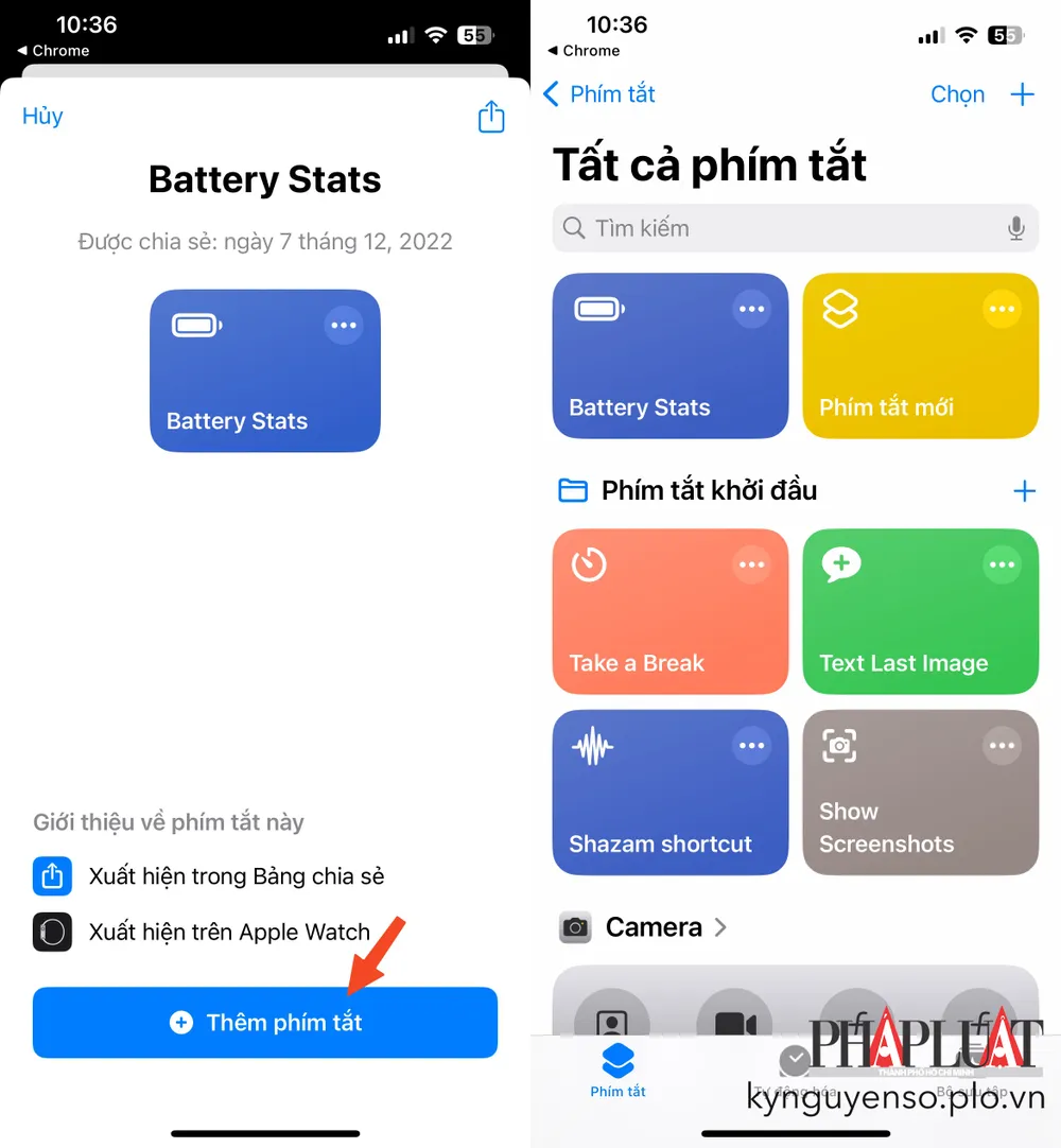 Thêm phím tắt Battery Stats vào iPhone. Ảnh: MINH HOÀNG Thêm phím tắt Battery Stats vào iPhone. Ảnh: MINH HOÀNG