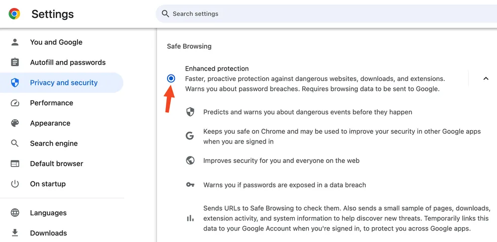 Bật tính năng Enhanced protection (bảo vệ nâng cao) trên Chrome. Ảnh: MINH HOÀNG Bật tính năng Enhanced protection (bảo vệ nâng cao) trên Chrome. Ảnh: MINH HOÀNG