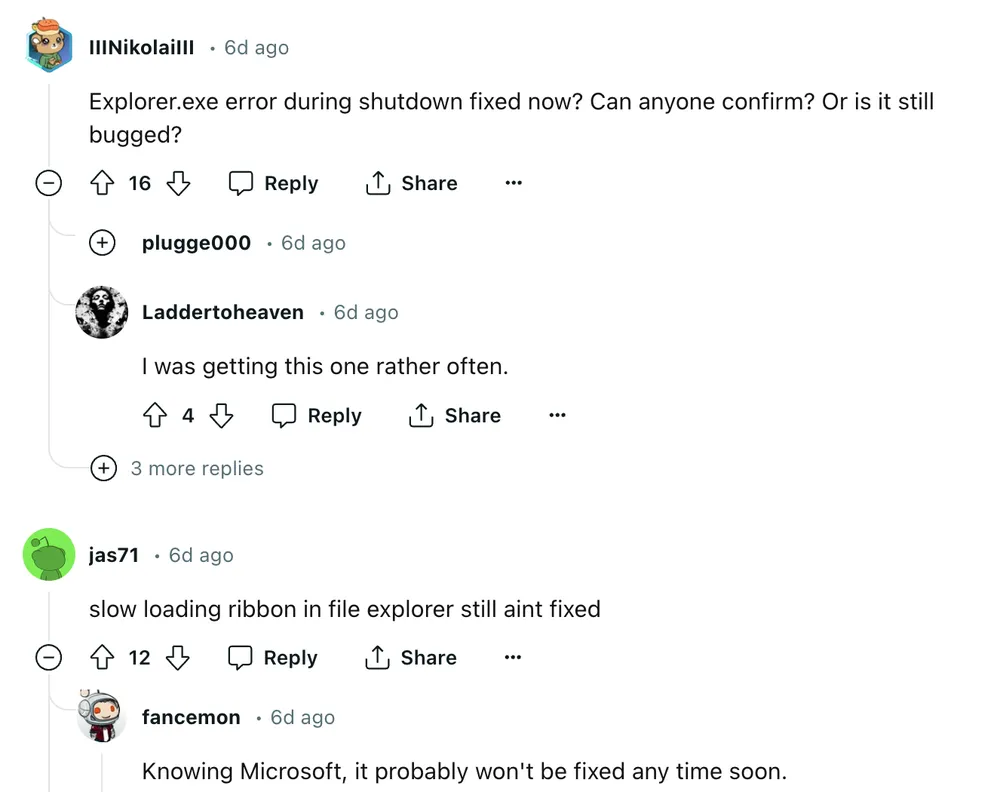 Các thành viên trên Reddit phàn nàn về các lỗi phát sinh sau khi cài đặt bản cập nhật Windows 11. Ảnh chụp màn hình