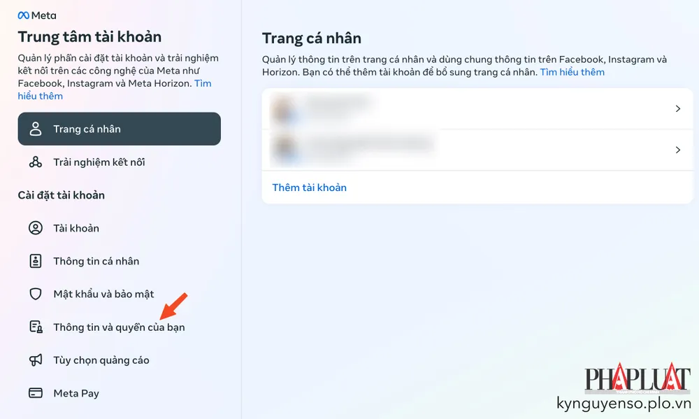Trung tâm quản lý tài khoản Facebook. Ảnh: TIỂU MINH