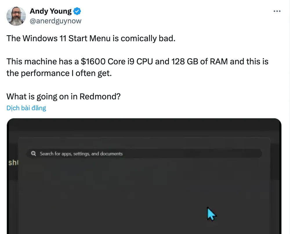 Cựu kỹ sư của Microsoft - Andy Young chê hiệu năng trên Windows 11. Ảnh chụp màn hình