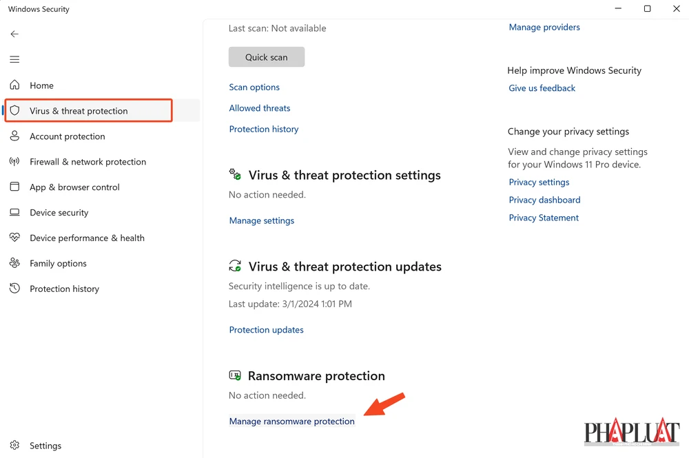 Truy cập vào phần cài đặt Ransomware protection. Ảnh: TIỂU MINH bat-tinh-nang-han-che-ma-doc-tong-tien-tren-windows.png