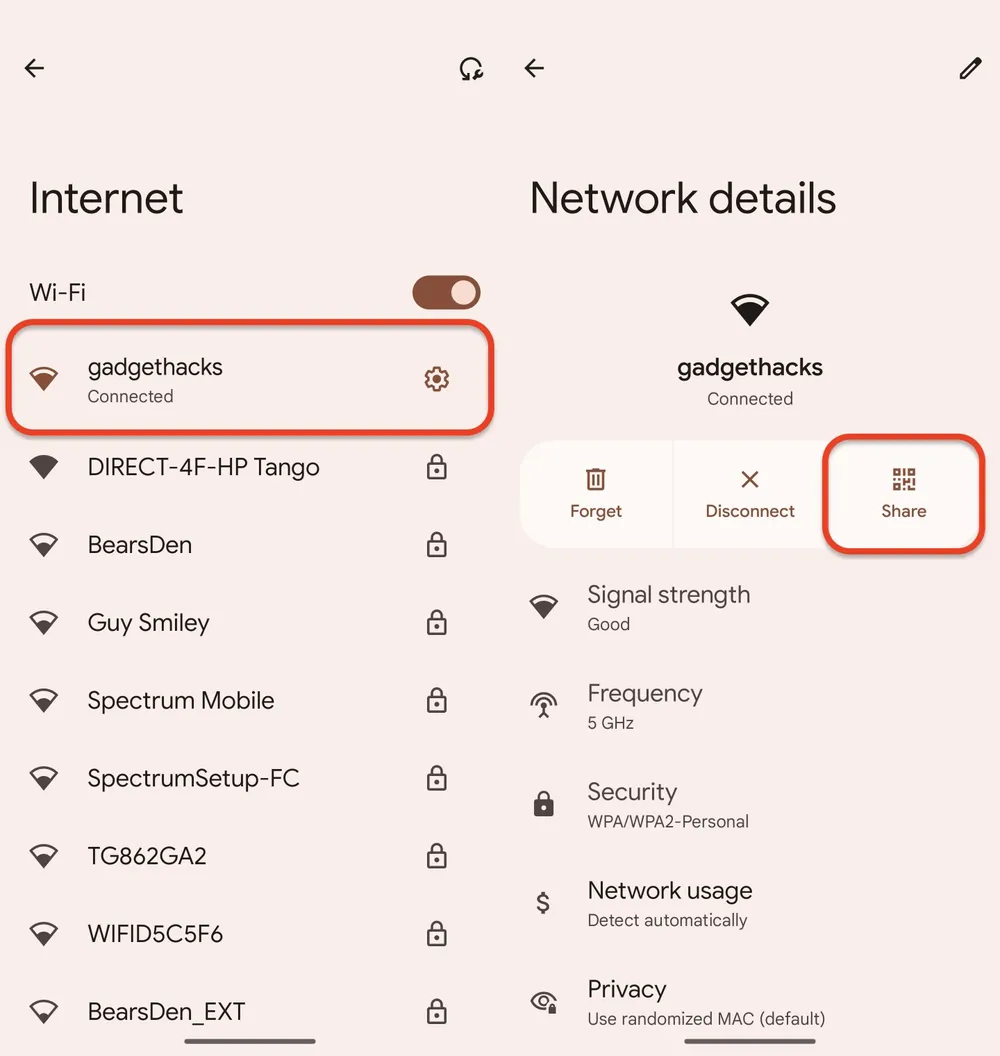 Sử dụng tính năng chia sẻ để xem lại mật khẩu WiFi trên Android. Sử dụng tính năng chia sẻ để xem lại mật khẩu WiFi trên Android.