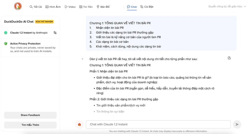 Sử dụng DuckDuckGo AI Chat để hỏi đáp, trò chuyện riêng tư. Ảnh: TIỂU MINH Sử dụng DuckDuckGo AI Chat để hỏi đáp, trò chuyện riêng tư. Ảnh: TIỂU MINH