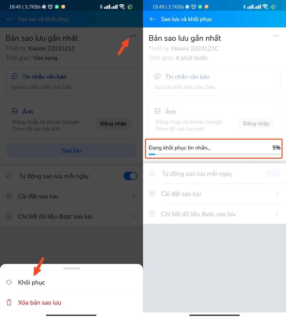 Khôi phục tin nhắn Zalo đã xóa bằng bản sao lưu. Ảnh: MINH HOÀNG Khôi phục tin nhắn Zalo đã xóa bằng bản sao lưu. Ảnh: MINH HOÀNG
