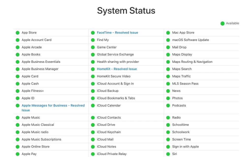 Tình trạng hoạt động của các dịch vụ của Apple. Ảnh chụp màn hình Tình trạng hoạt động của các dịch vụ của Apple. Ảnh chụp màn hình