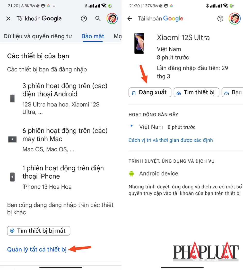 Cách đăng xuất tài khoản Google từ xa trên điện thoại. Ảnh: MINH HOÀNG Cách đăng xuất tài khoản Google từ xa trên điện thoại. Ảnh: MINH HOÀNG