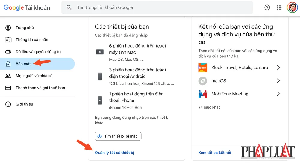 Kiểm tra danh sách các thiết bị đã đăng nhập tài khoản Google. Ảnh: MINH HOÀNG Kiểm tra danh sách các thiết bị đã đăng nhập tài khoản Google. Ảnh: MINH HOÀNG