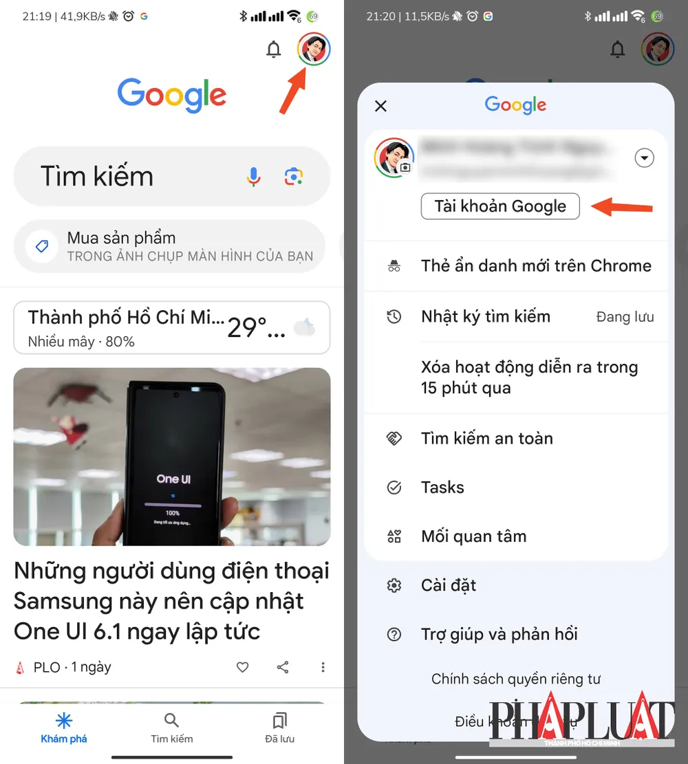 Quản lý tài khoản Google trên điện thoại. Ảnh: MINH HOÀNG Quản lý tài khoản Google trên điện thoại. Ảnh: MINH HOÀNG