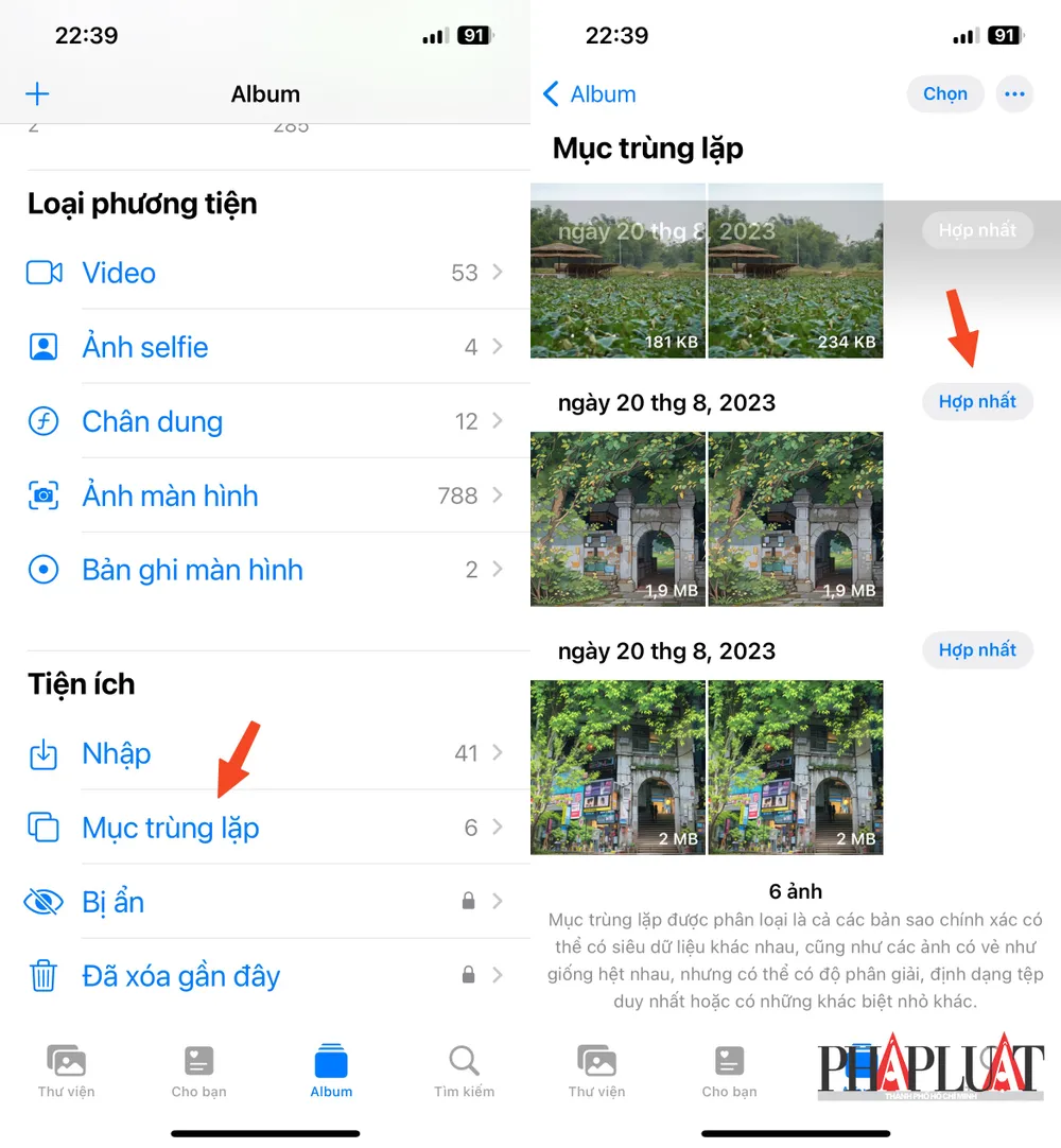 Xóa ảnh trùng lặp hoặc hợp nhất để tiết kiệm không gian lưu trữ trên iPhone. Ảnh: MINH HOÀNG Xóa ảnh trùng lặp hoặc hợp nhất để tiết kiệm không gian lưu trữ trên iPhone. Ảnh: MINH HOÀNG