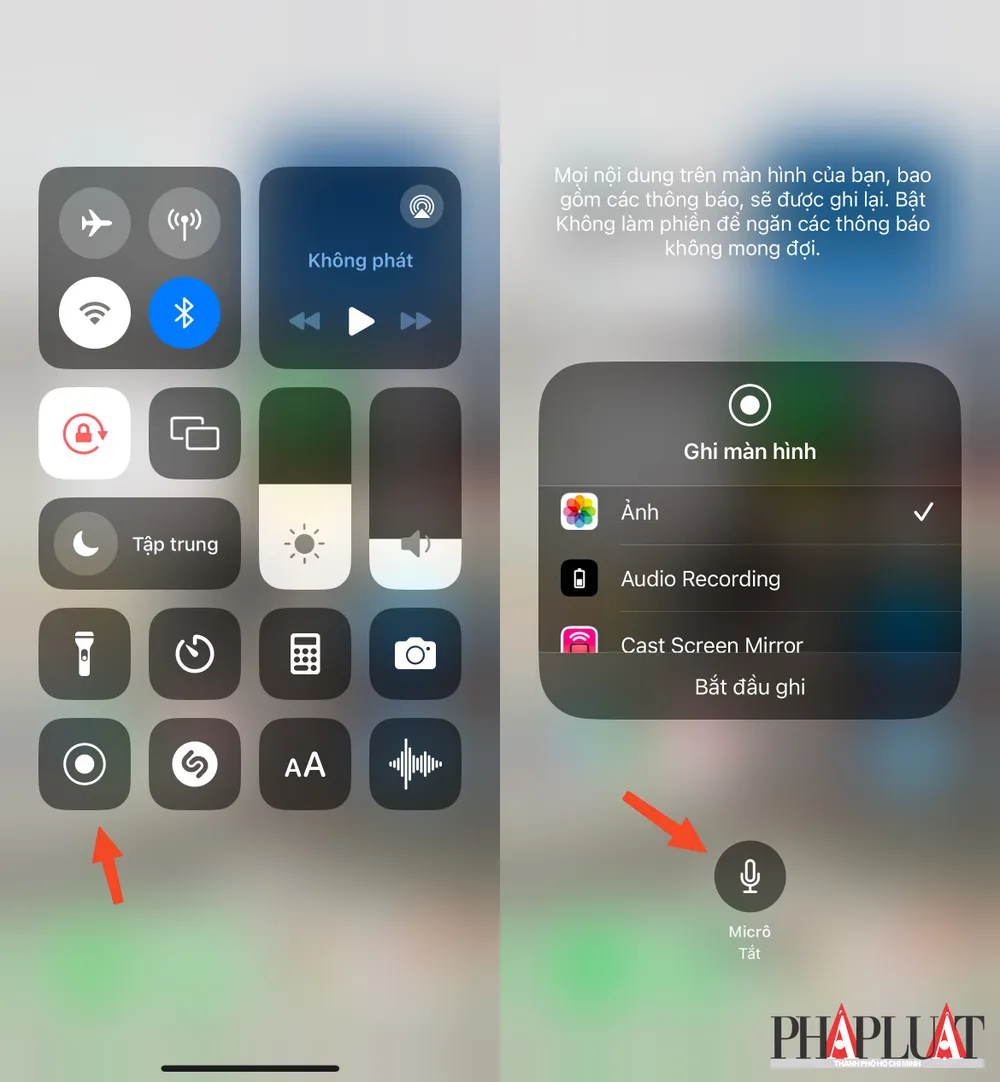 Ghi âm thêm giọng nói khi quay phim màn hình trên iPhone. Ảnh: MINH HOÀNG Ghi âm thêm giọng nói khi quay phim màn hình trên iPhone. Ảnh: MINH HOÀNG