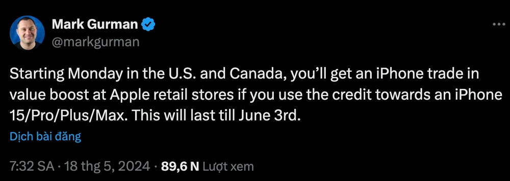 Mark Gurman cho biết Apple sẽ thu lại iPhone cũ với giá cao hơn. Ảnh chụp màn hình Mark Gurman cho biết Apple sẽ thu lại iPhone cũ với giá cao hơn. Ảnh chụp màn hình