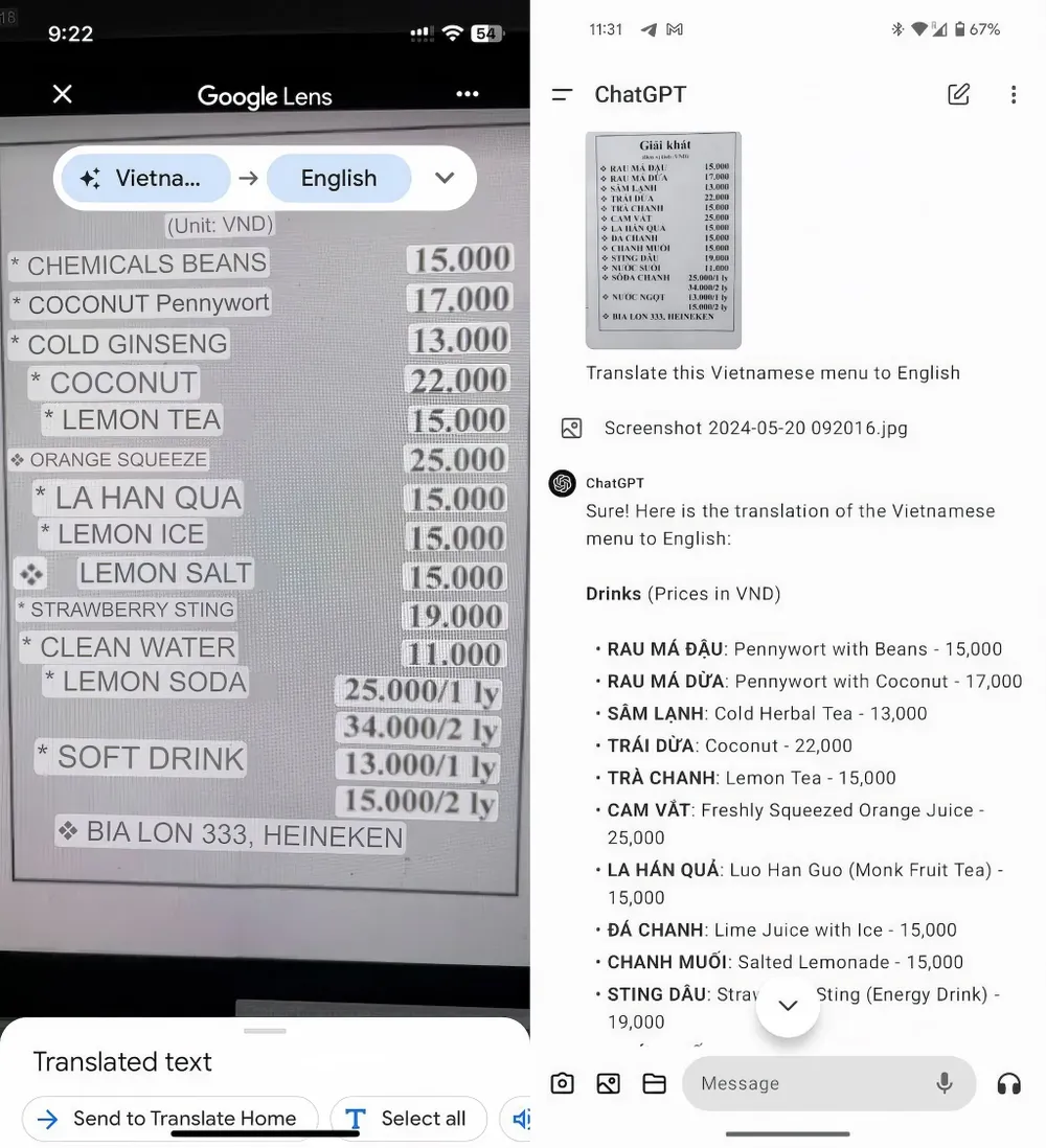 Kết quả Google Dịch hình ảnh (trái) và ChatGPT dịch hình ảnh (phải). Kết quả Google Dịch hình ảnh (trái) và ChatGPT dịch hình ảnh (phải).