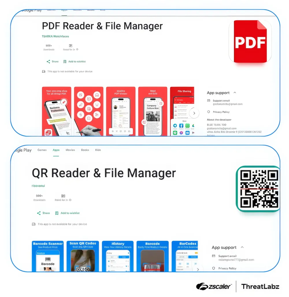 Các ứng dụng Android độc hại giả mạo trình đọc PDF, công cụ quét mã QR. Ảnh: Zscaler ThreatLabz Các ứng dụng Android độc hại giả mạo trình đọc PDF, công cụ quét mã QR để phát tán phần mềm độc hại Anatsa. Ảnh: Zscaler ThreatLabz