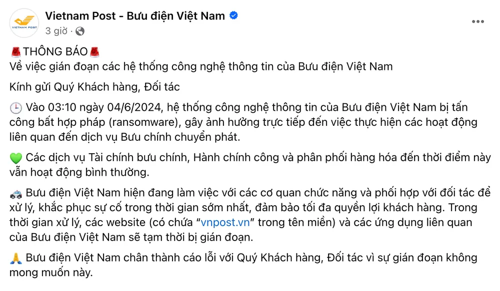 Fanpage Vietnam Post - Bưu điện Việt Nam xác nhận hệ thống CNTT đang bị tấn công. Ảnh chụp màn hình Fanpage Vietnam Post - Bưu điện Việt Nam xác nhận hệ thống CNTT đang bị tấn công. Ảnh chụp màn hình