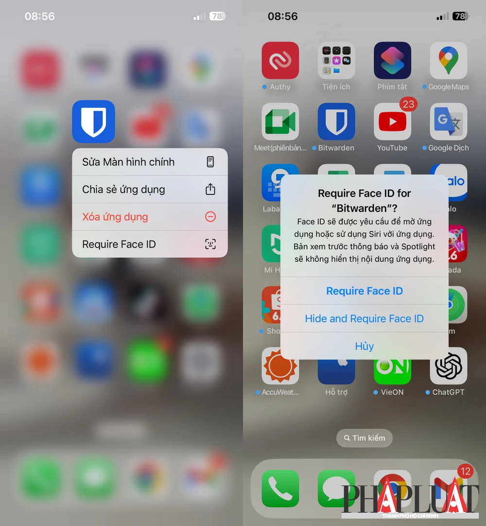 Cách khóa ứng dụng trên iPhone bằng Face ID. Ảnh: MINH HOÀNG Cách khóa ứng dụng trên iPhone bằng Face ID. Ảnh: MINH HOÀNG
