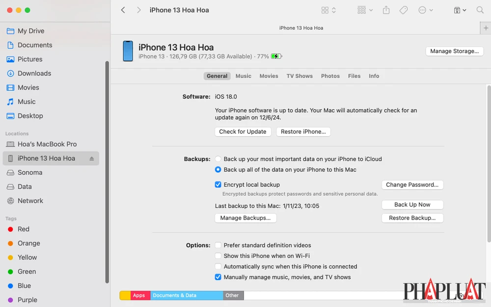 Sao lưu dữ liệu trên iPhone trước khi cài đặt iOS 18 beta. Ảnh: TIỂU MINH Sao lưu dữ liệu trên iPhone trước khi cài đặt iOS 18 beta. Ảnh: TIỂU MINH