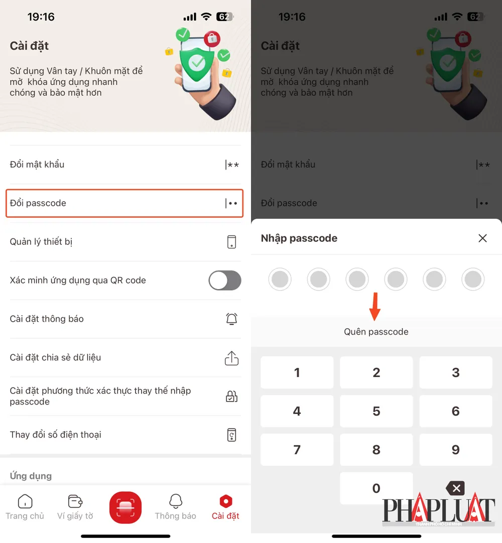 Đổi passcode VNeID chỉ với vài thao tác đơn giản. Ảnh: MINH HOÀNG Đổi passcode VNeID chỉ với vài thao tác đơn giản. Ảnh: MINH HOÀNG