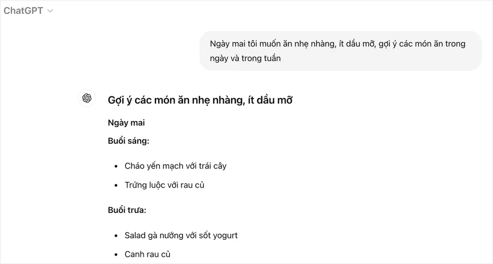 Sử dụng ChatGPT để lên thực đơn và cung cấp công thức nấu ăn. Ảnh: TIỂU MINH Sử dụng ChatGPT để lên thực đơn và cung cấp công thức nấu ăn. Ảnh: TIỂU MINH