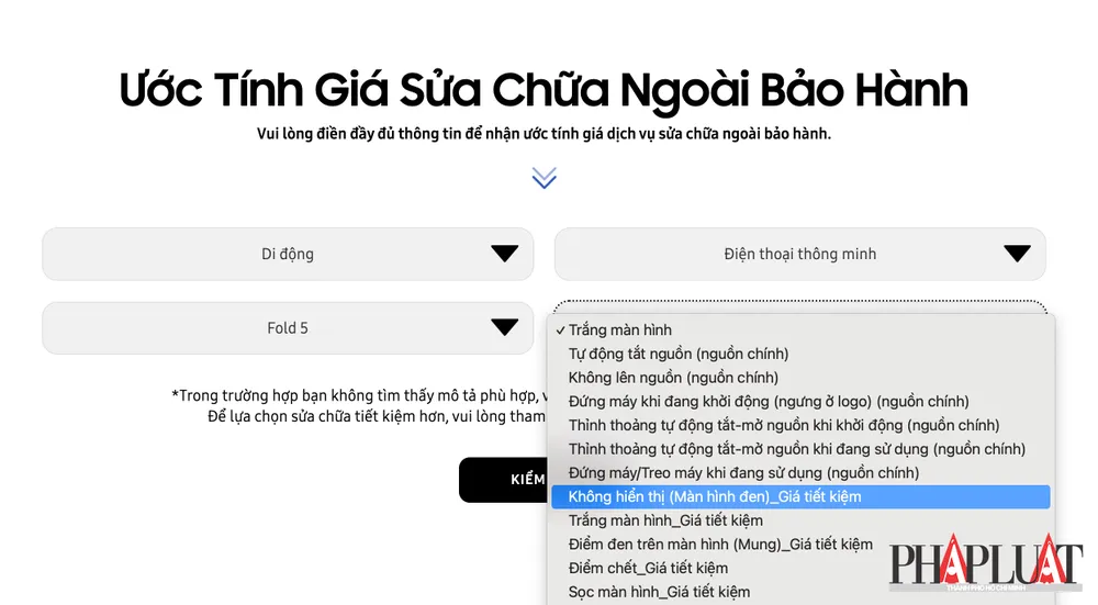 Ước tính giá sửa chữa điện thoại Samsung khi hết bảo hành. Ảnh: TIỂU MINH Ước tính giá sửa chữa điện thoại Samsung khi hết bảo hành. Ảnh: TIỂU MINH