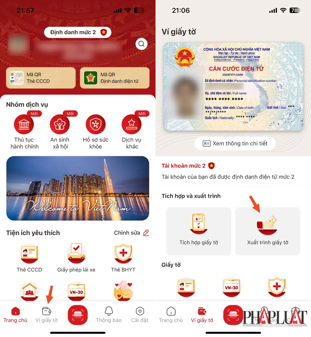 Chọn tính năng Xuất trình giấy tờ trên VNeID. Ảnh: MINH HOÀNG