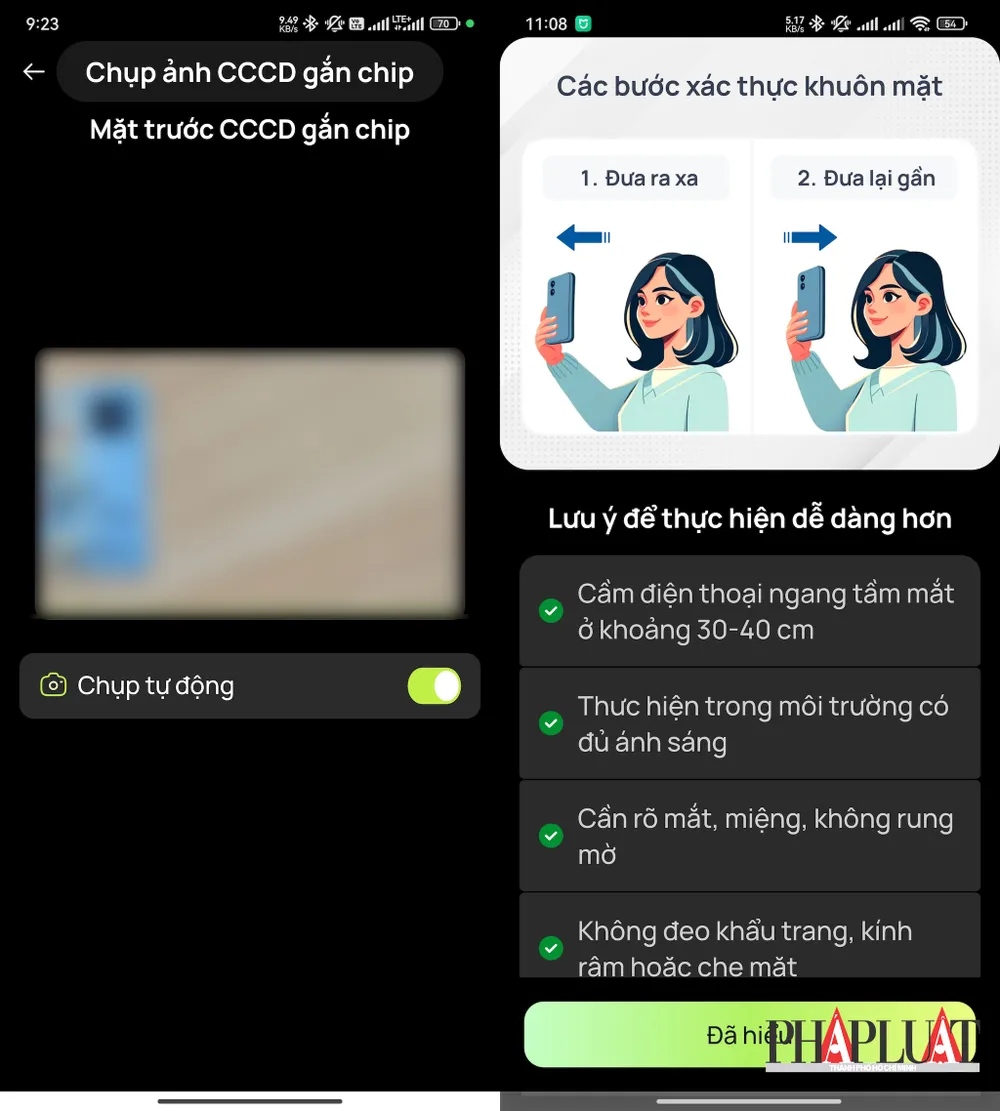 Chụp ảnh mặt trước/mặt sau CCCD và xác thực khuôn mặt mà không cần quét con chip trên CCCD. Ảnh: MINH HOÀNG