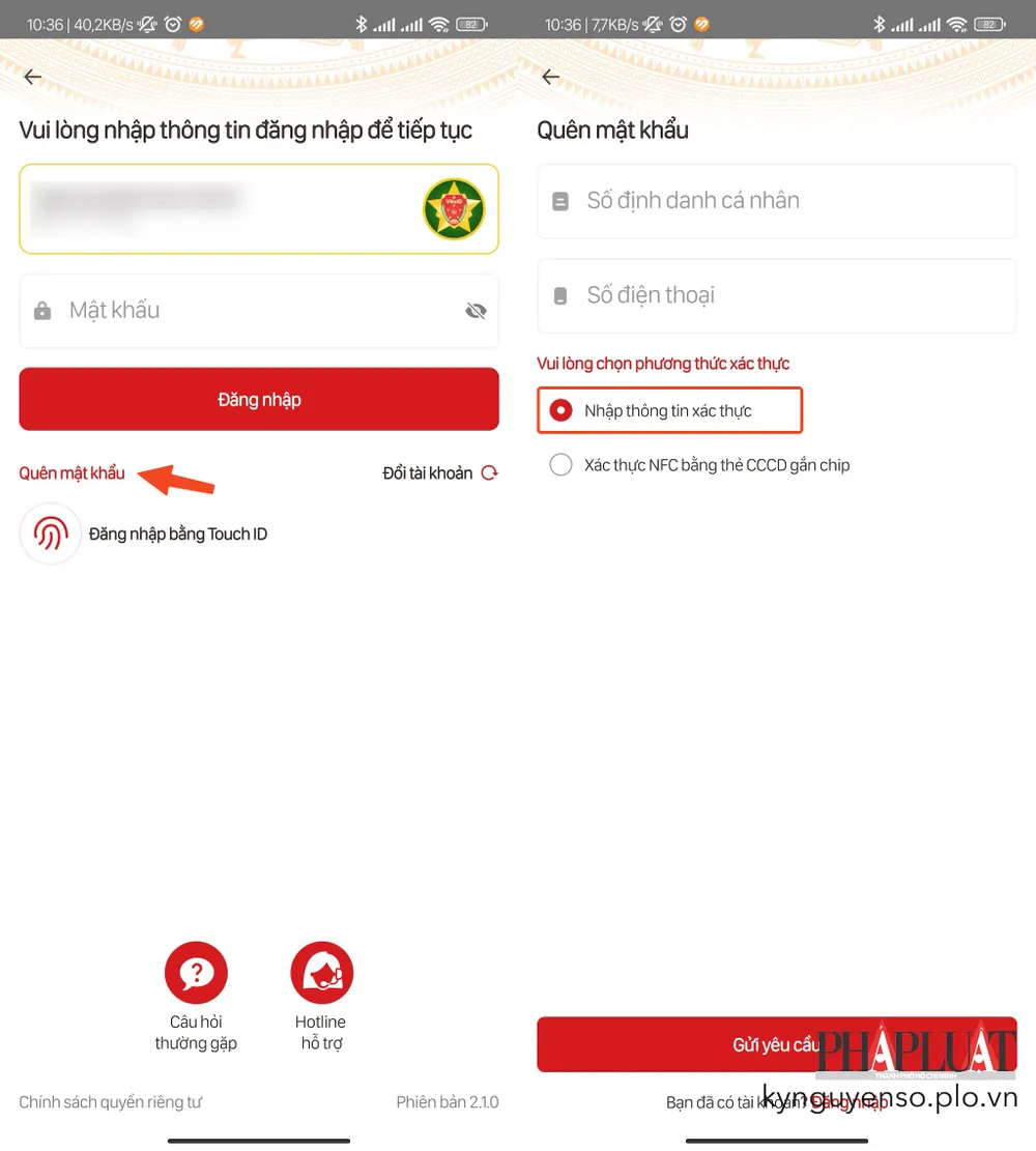 Lựa chọn phương thức xác thực để lấy lại mật khẩu VNeID. Ảnh: MINH HOÀNG