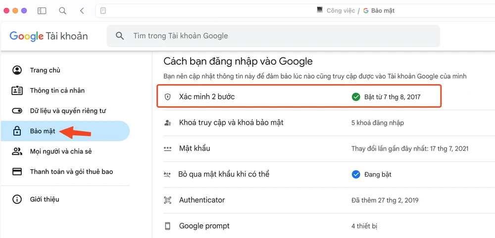 Bật tính năng xác thực hai lớp trên Gmail. Ảnh: MINH HOÀNG Bật tính năng xác thực hai lớp trên Gmail. Ảnh: MINH HOÀNG