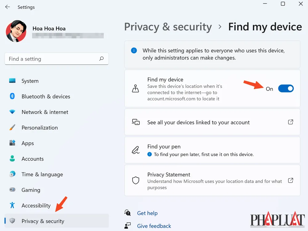 Bật tính năng Find my device trên máy tính Windows. Ảnh: TIỂU MINH Bật tính năng Find my device trên máy tính Windows. Ảnh: TIỂU MINH