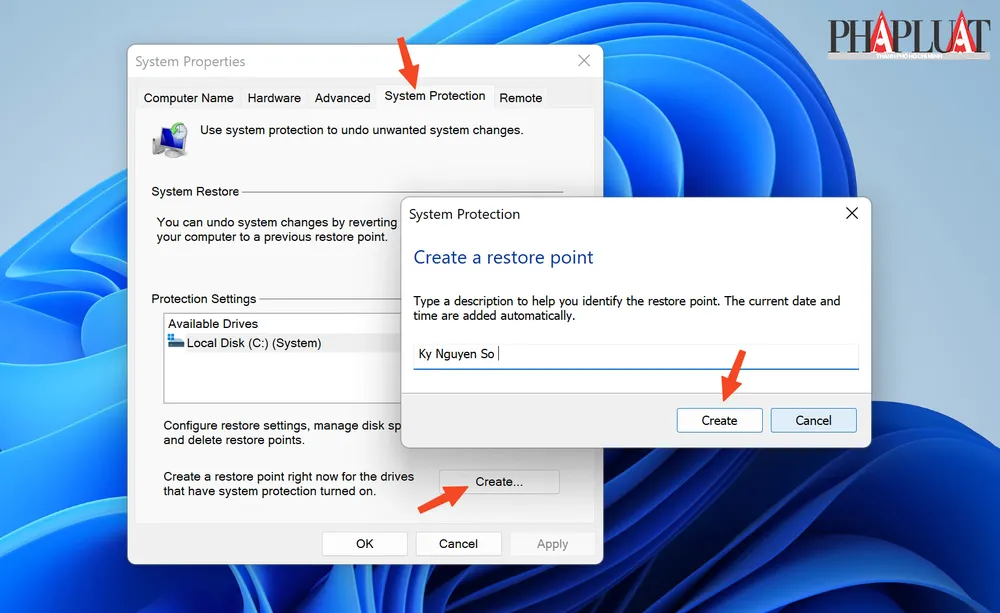 Tạo điểm khôi phục hệ thống trên máy tính Windows. Ảnh: TIỂU MINH Tạo điểm khôi phục hệ thống trên máy tính Windows. Ảnh: TIỂU MINH