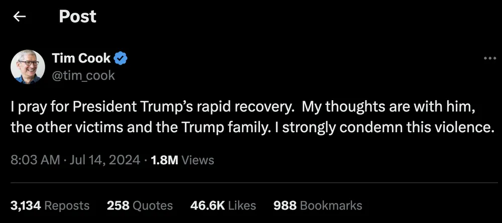Tin công nghệ 14-7: Tim Cook cầu nguyện cho ông Trump mau chóng bình phục. Ảnh chụp màn hình Tin công nghệ 14-7: Tim Cook cầu nguyện cho ông Trump mau chóng bình phục. Ảnh chụp màn hình