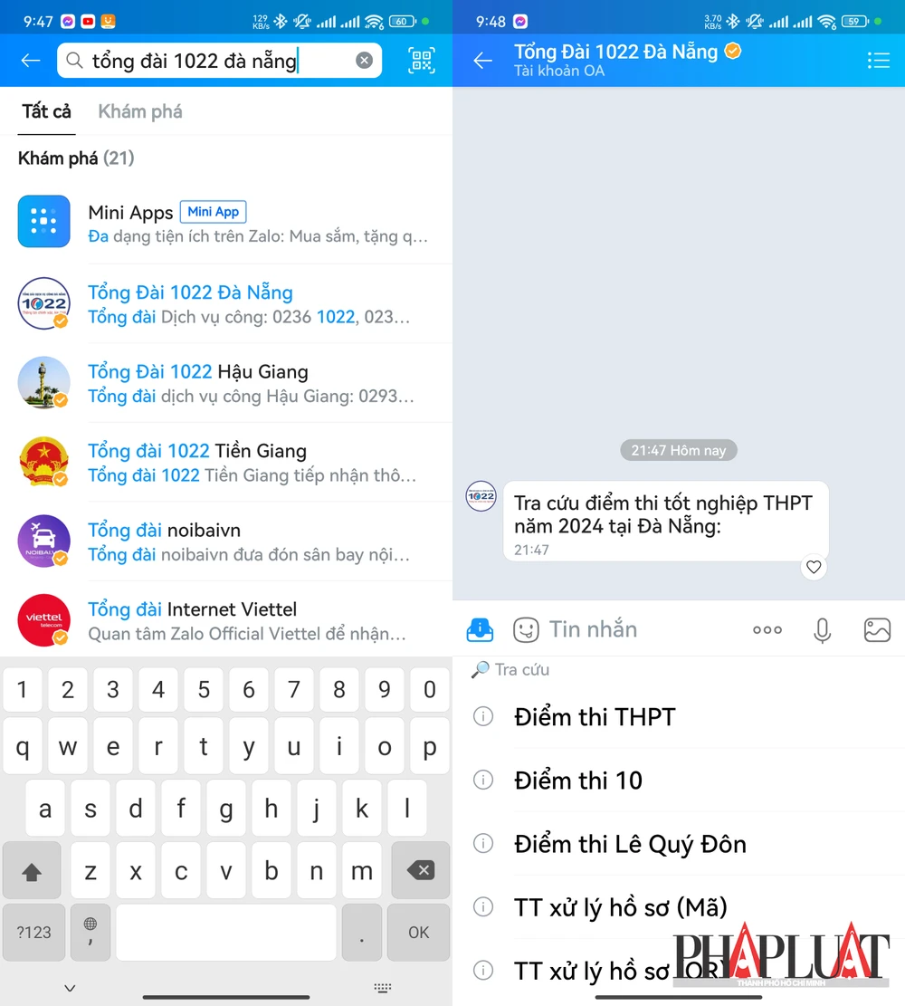 Cách tra cứu điểm thi tốt nghiệp THPT 2024 bằng Zalo. Ảnh: MINH HOÀNG Cách tra cứu điểm thi tốt nghiệp THPT 2024 bằng Zalo. Ảnh: MINH HOÀNG