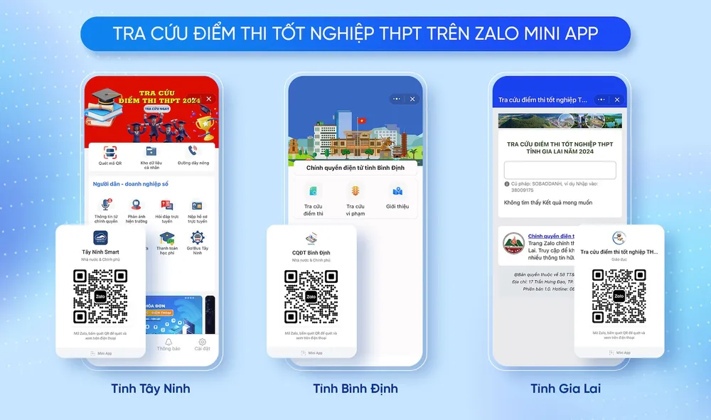 Thí sinh và phụ huynh tại các tỉnh Tây Ninh, Bình Định, Gia Lai có thể tra cứu điểm thi thông qua Zalo. Thí sinh và phụ huynh tại các tỉnh Tây Ninh, Bình Định, Gia Lai có thể tra cứu điểm thi thông qua Zalo.