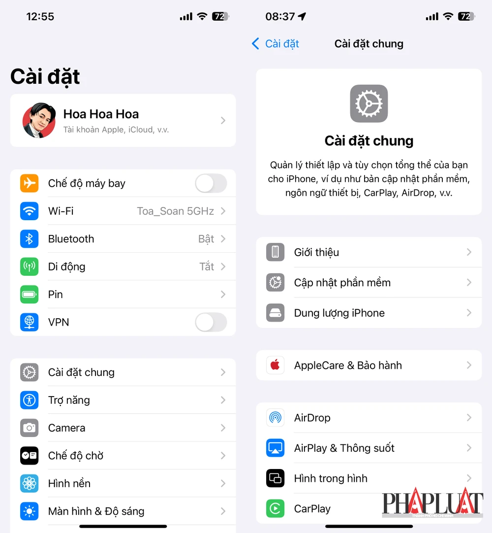 Cài đặt iPhone. Ảnh: MINH HOÀNG Cài đặt iPhone. Ảnh: MINH HOÀNG