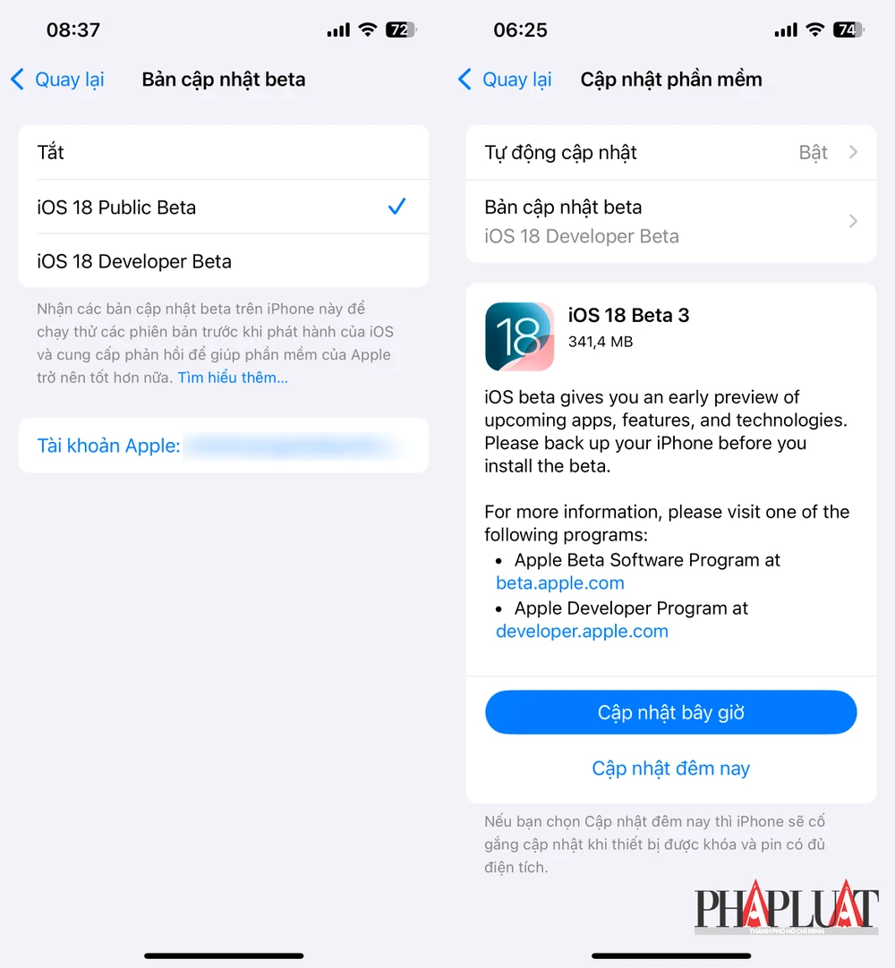 Tải và cài đặt iOS 18 Public beta. Ảnh: MINH HOÀNG Tải và cài đặt iOS 18 Public beta. Ảnh: MINH HOÀNG