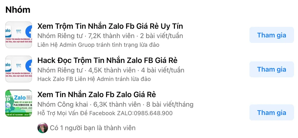 Quảng cáo dịch vụ đọc trộm tin nhắn Zalo nhằm mục đích lừa đảo. Ảnh: MINH HOÀNG Quảng cáo dịch vụ đọc trộm tin nhắn Zalo nhằm mục đích lừa đảo. Ảnh: MINH HOÀNG