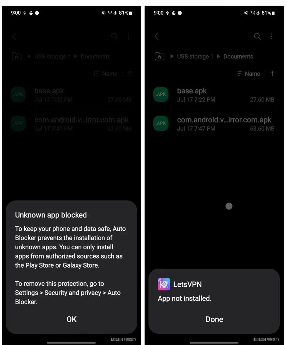 Tính năng Auto Blocker tự động ngăn chặn cài đặt các ứng dụng lạ từ bên ngoài. Ảnh: Samsung Tính năng Auto Blocker tự động ngăn chặn cài đặt các ứng dụng lạ từ bên ngoài. Ảnh: Samsung