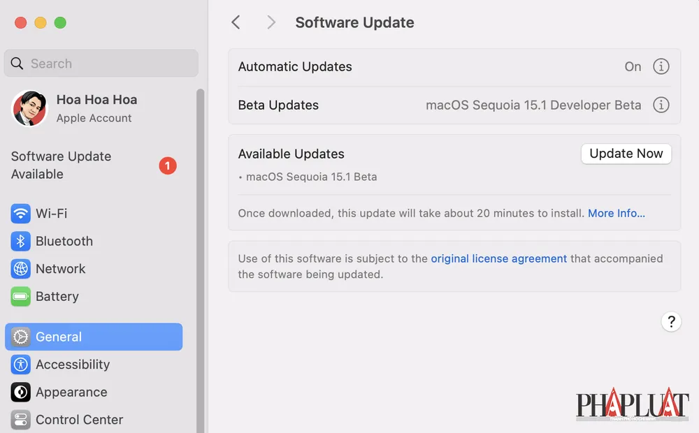 Cách cài đặt macOS Sequoia 15.1 beta để trải nghiệm trước các tính năng AI. Ảnh: TIỂU MINH Cách cài đặt macOS Sequoia 15.1 beta để trải nghiệm trước các tính năng AI. Ảnh: TIỂU MINH