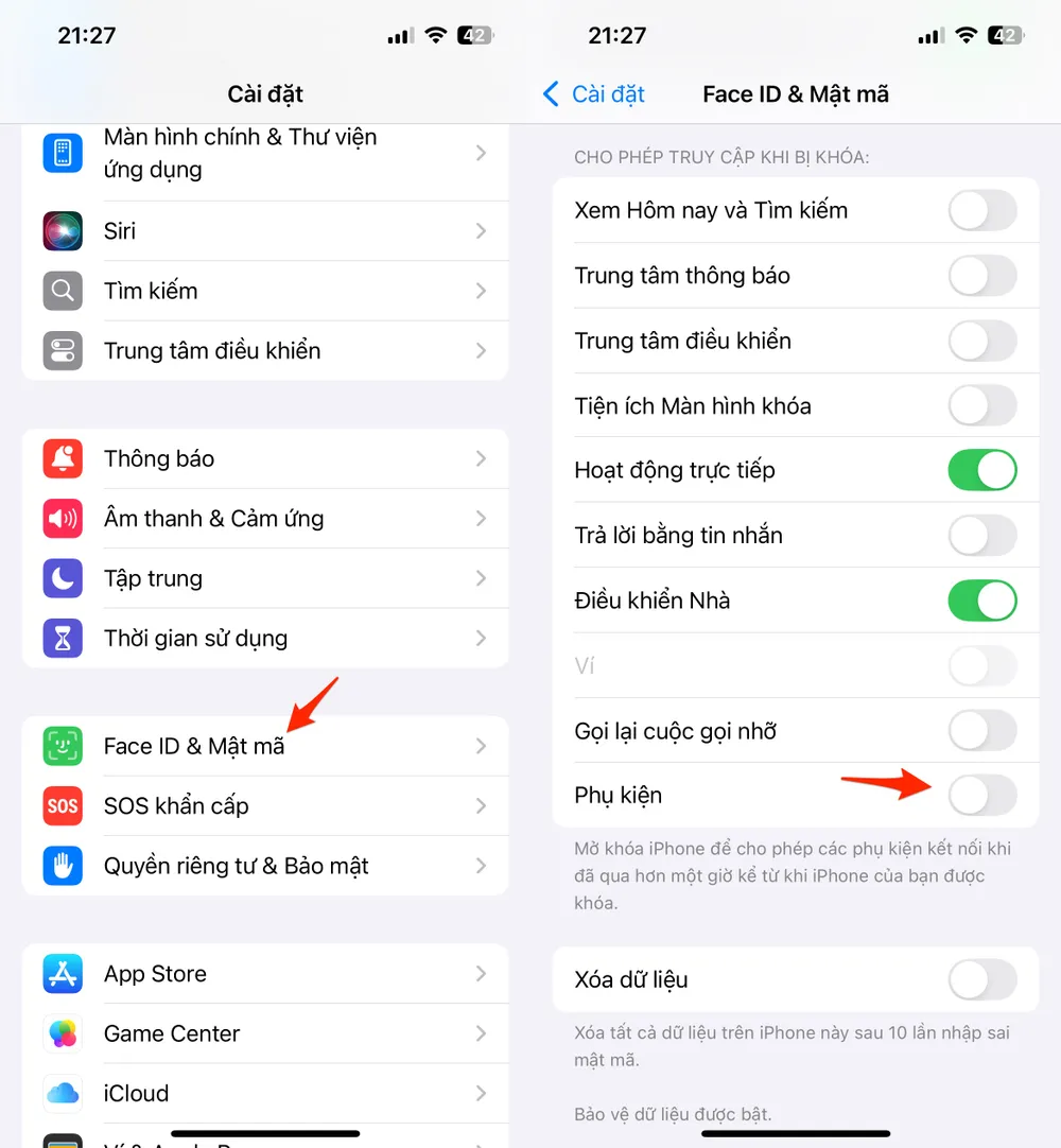 Tắt tùy chọn Accessories (phụ kiện) trên iPhone để an toàn hơn khi cắm sạc ở nơi công cộng. Ảnh: TIỂU MINH