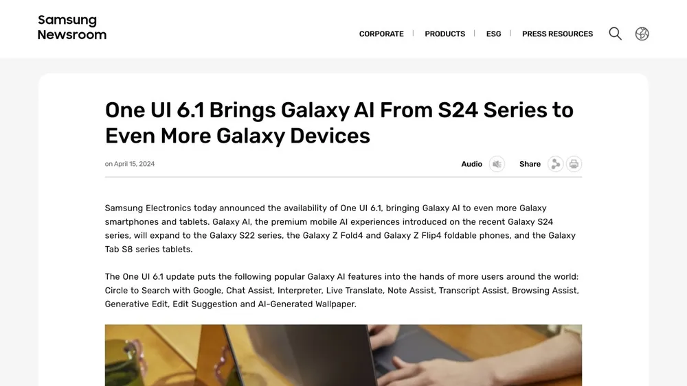 Samsung sẽ mang các tính năng AI trên dòng Galaxy S24 lên nhiều thiết bị hơn. Ảnh chụp màn hình