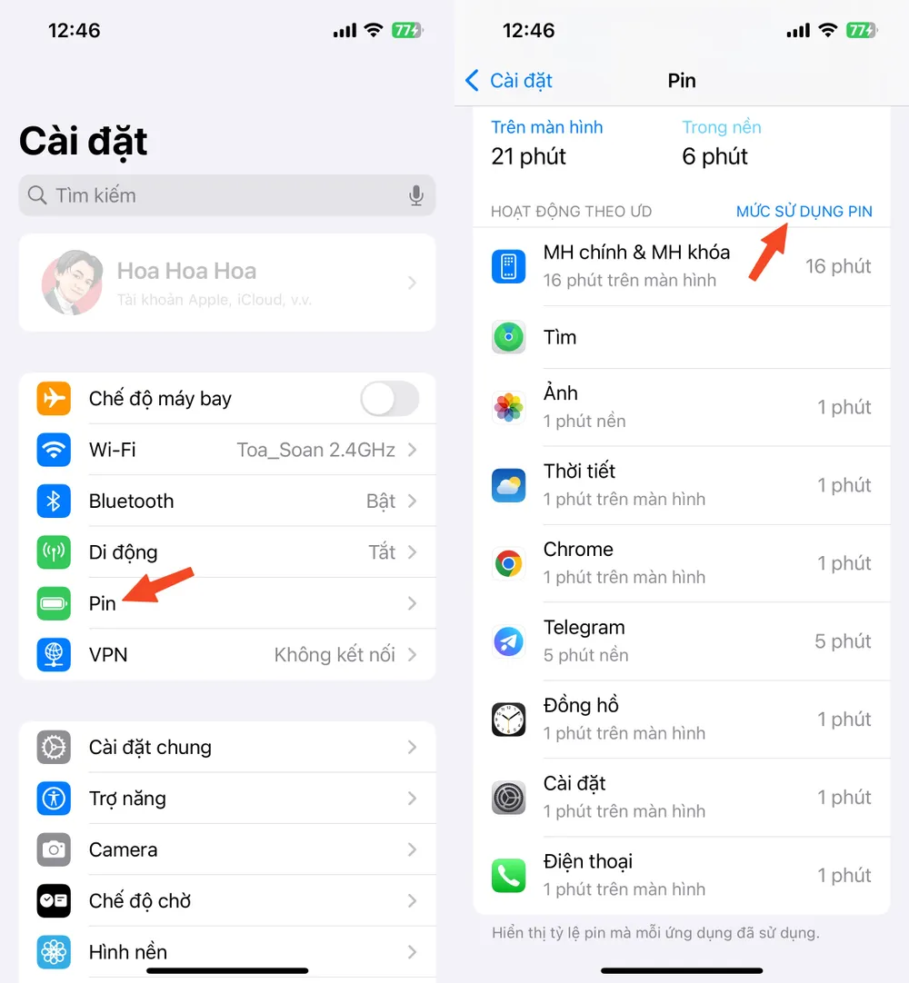 Cách kiểm tra các ứng dụng hao pin trên iPhone. Ảnh: MINH HOÀNG Cách kiểm tra các ứng dụng hao pin trên iPhone. Ảnh: MINH HOÀNG