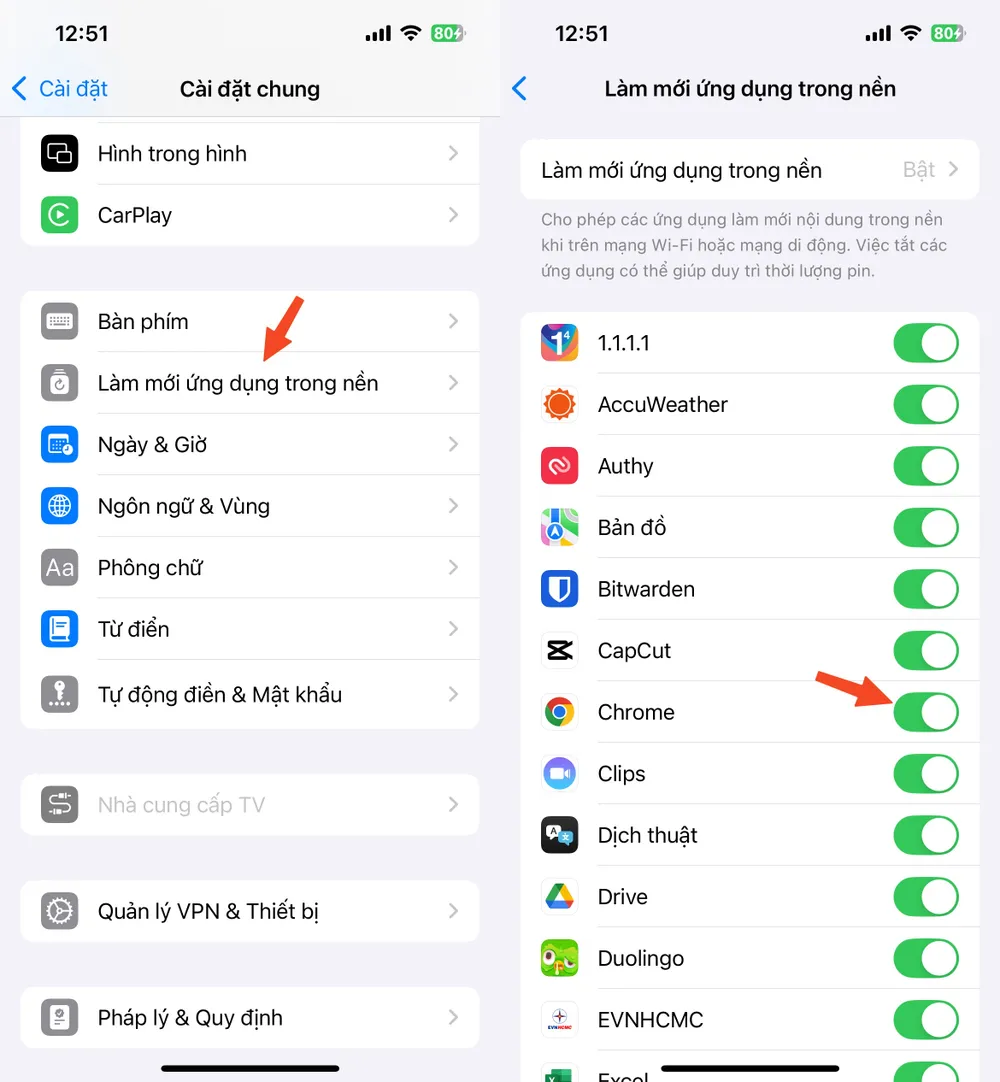 Cách tắt tính năng làm mới ứng dụng trong nền trên iPhone. Ảnh: MINH HOÀNG Cách tắt tính năng làm mới ứng dụng trong nền trên iPhone. Ảnh: MINH HOÀNG